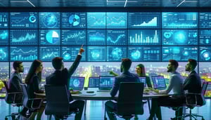 Group of people sit around a conference table looking at a control tower displayed on a wall of screens.