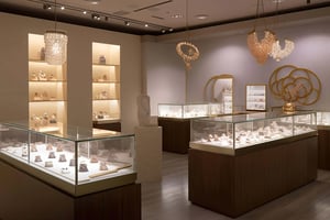 Display cases in a luxury jewelry store.