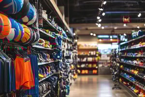 Various sports equipment, including balls and shoes, line an aisle in a sporting goods store.