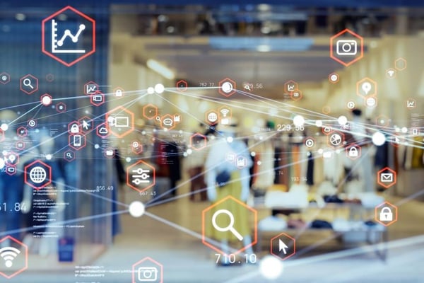 Overlaid on top of a retail storefront are digital nodes with various icons, including warehouse, online shopping, and more, highlighting the complexity of Estimated Delivery Dates (EDD)