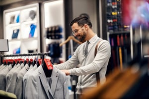 A shopper browses the clothing racks at a fashion retailer.