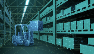 In a digitally connected warehouse, a forklift arranges inventory on shelves.