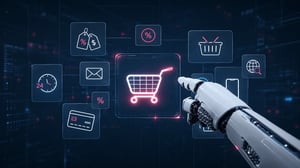 Illustration of AI shopping agents connecting through agentic commerce protocols to OMS, inventory, product data, and fulfillment systems.