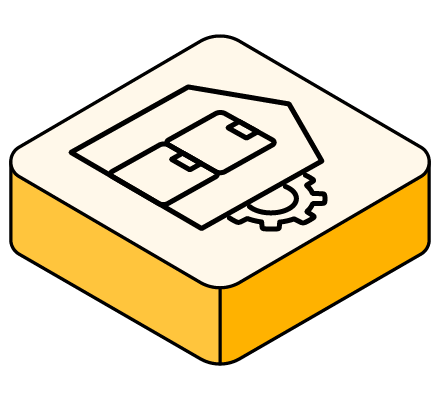 Yellow icon with an inventory warehouse and gear illustration.