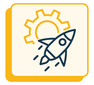 Icon representing test, learn and optimize with a gear and rocketship.