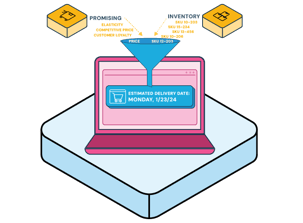 Icon representing connection to promising with a laptop and funnel being fed with promising and inventory data.