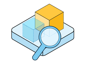 Icon representing explainability with a magnifying glass hovering over a box.