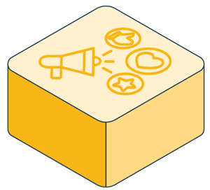 Yellow tile icon with a megaphone, stars, hearts and thumbs ups.