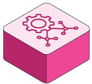 Pink tile icon with gears and flexible nodes.