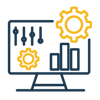 Icon of gears and dials on a computer, symbolizing complex calculations across systems.