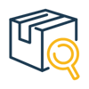 Icon of a magnifying glass hovering over a box, symbolizing SKU volumes driving up full sync time windows