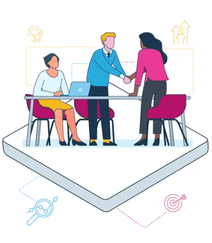 Illustration of three people strategizing at a table, highlighting Nextuple's deep domain experience.