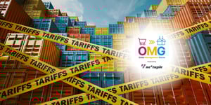 Shipping containers cordoned off with yellow caution tape that has Tariff on it.