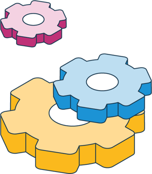 Icons of three red, blue and yellow gears.