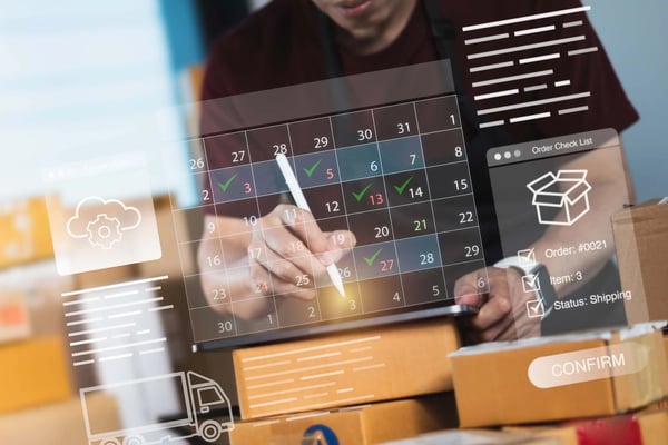 Diagram showing how estimated delivery date calculations combine inventory data, carrier transit times, and calendar information to generate accurate arrival dates