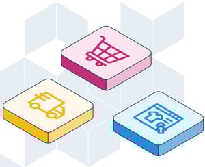 Three illustrated tiles, one featuring a shopping cart, a speedy delivery truck and a product page.