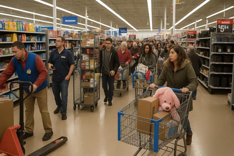 Several shoppers form a long checkout at a retailer with store employees stocking shelves with equipment.